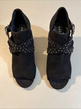 Rocket Dog Black Suede Studded Peep-Toe Mules
